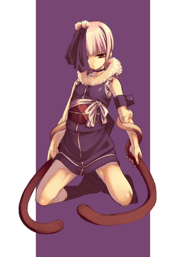 tasaka shinnosuke, mizuha, hitokata no ou, silver hair, 1girl, bare shoulders, blunt bangs, collar, dress, female focus, full body, fur collar, kneeling, letterboxed, looking at viewer, pillarboxed, purple background, purple dress, shaded face, short hair, simple background, snake, solo, spread legs
