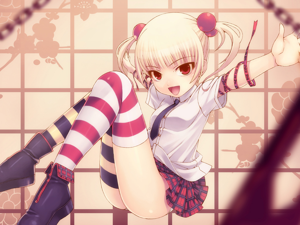 tasaka shinnosuke, kuroba nao, hitokata no ou, asymmetrical legwear, mismatched legwear, necktie, school uniform, serafuku, short twintails, solo, striped clothes, striped thighhighs, thighhighs, twintails