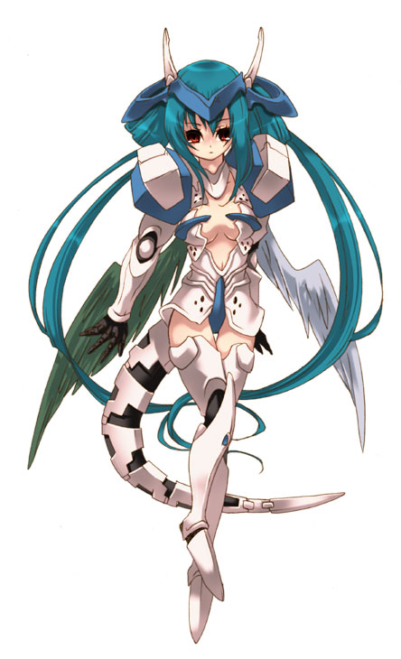 dignityfear, dizzy (guilty gear), justice (guilty gear), arc system works, guilty gear, bad id, bad pixiv id, 1girl, asymmetrical wings, cosplay, female focus, justice (guilty gear) (cosplay), mecha musume, simple background, solo, tail, white background, wings