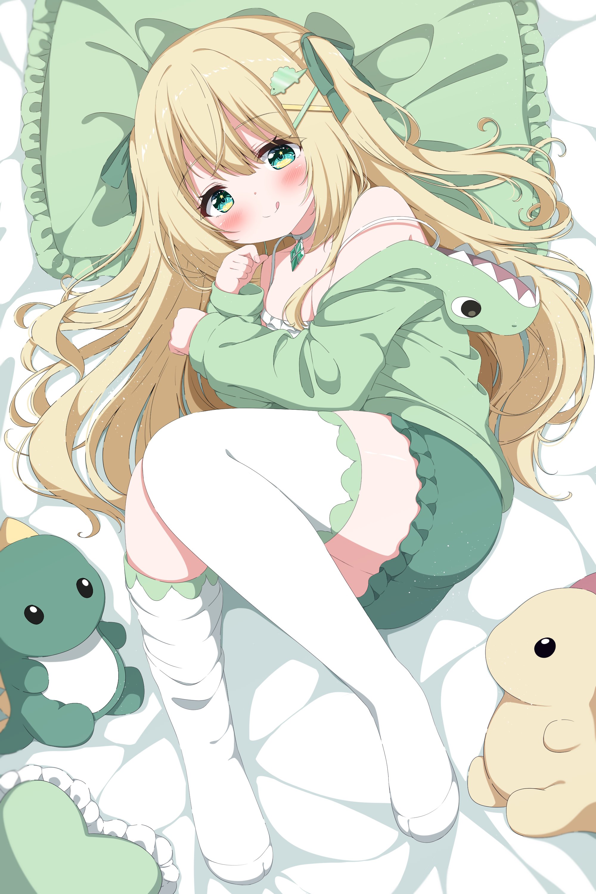 indie virtual youtuber, vbox, absurdres, highres, second-party source, 1girl, :q, bed, blonde hair, blush, breasts, camisole, choker, cleavage, frilled shorts, frills, green eyes, green hoodie, green shorts, hood, hoodie, licking lips, long hair, looking at viewer, lying, on bed, on side, pillow, shorts, smile, solo, strap slip, stuffed animal, stuffed toy, thighhighs, tongue, tongue out, virtual youtuber, white camisole, white choker, white thighhighs