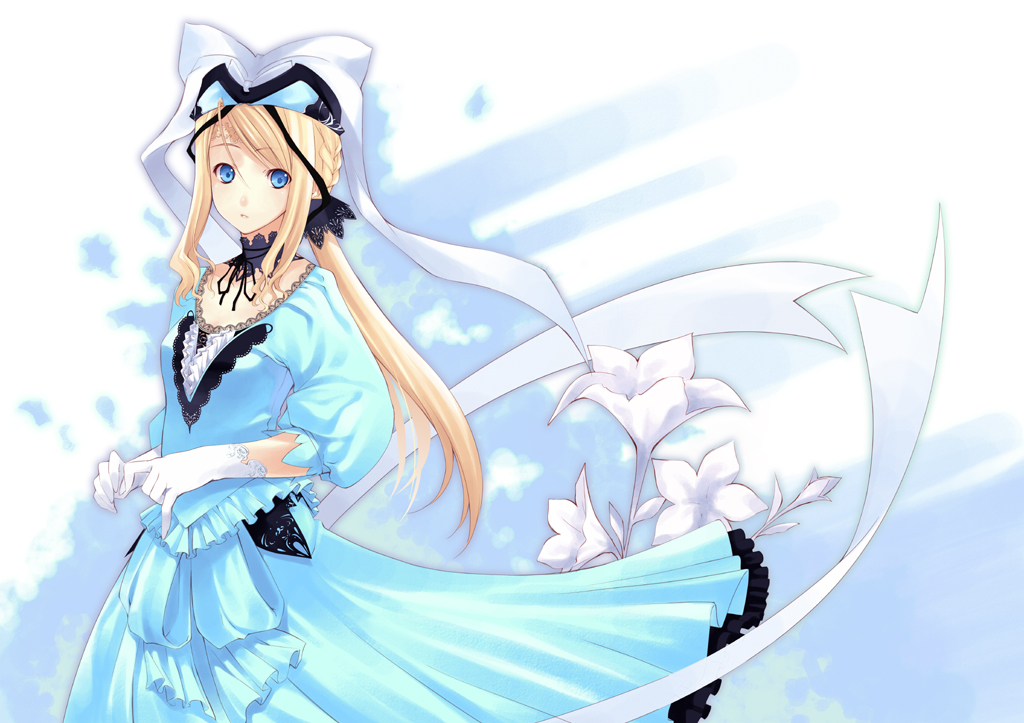 tachibana yuu, charlotte francia, littlewitch, quartett!, 1girl, blonde hair, blue dress, blue eyes, dress, female focus, flower, gloves, hat, lace, ponytail, solo, white gloves