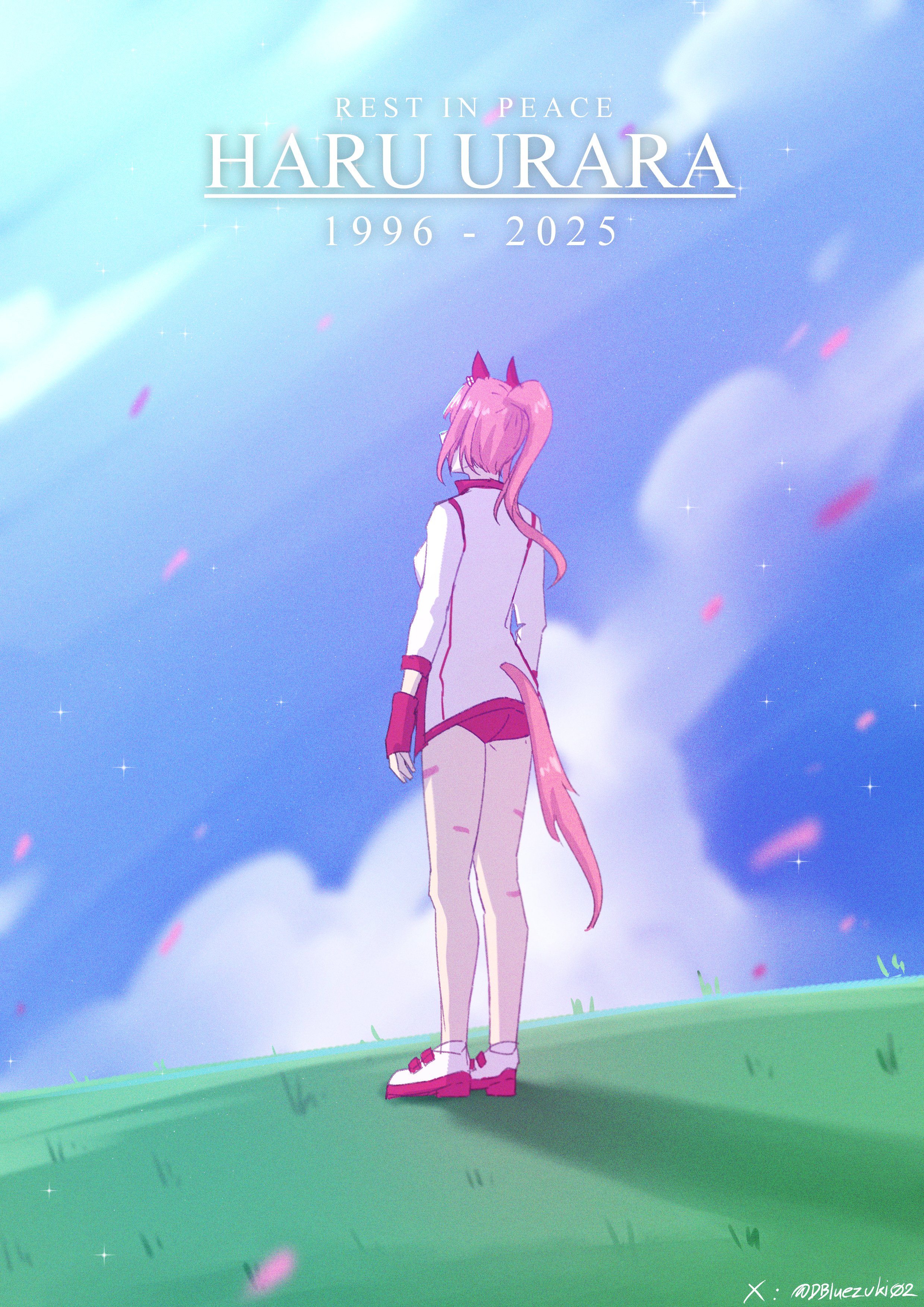 dbluezuki02, haru urara (umamusume), umamusume, facing back, absurdres, commentary, english commentary, highres, 1girl, animal ears, bandaid, bandaid on leg, blue sky, bow, buruma, cloud, ear bow, ear covers, english text, falling petals, field, fingerless gloves, from behind, gloves, grass, hairband, haru urara (bestest prize) (umamusume), headband, horse ears, horse girl, horse tail, jacket, long hair, outdoors, petals, pink buruma, pink hair, pink headband, ponytail, red buruma, red gloves, red headband, shirt, shoes, sky, socks, solo, tail, white jacket, white shirt, white socks