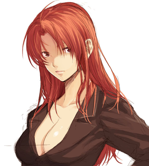 tomozo kaoru, original, 1girl, breasts, cleavage, female focus, lips, long hair, red eyes, red hair, simple background, sketch, solo, upper body