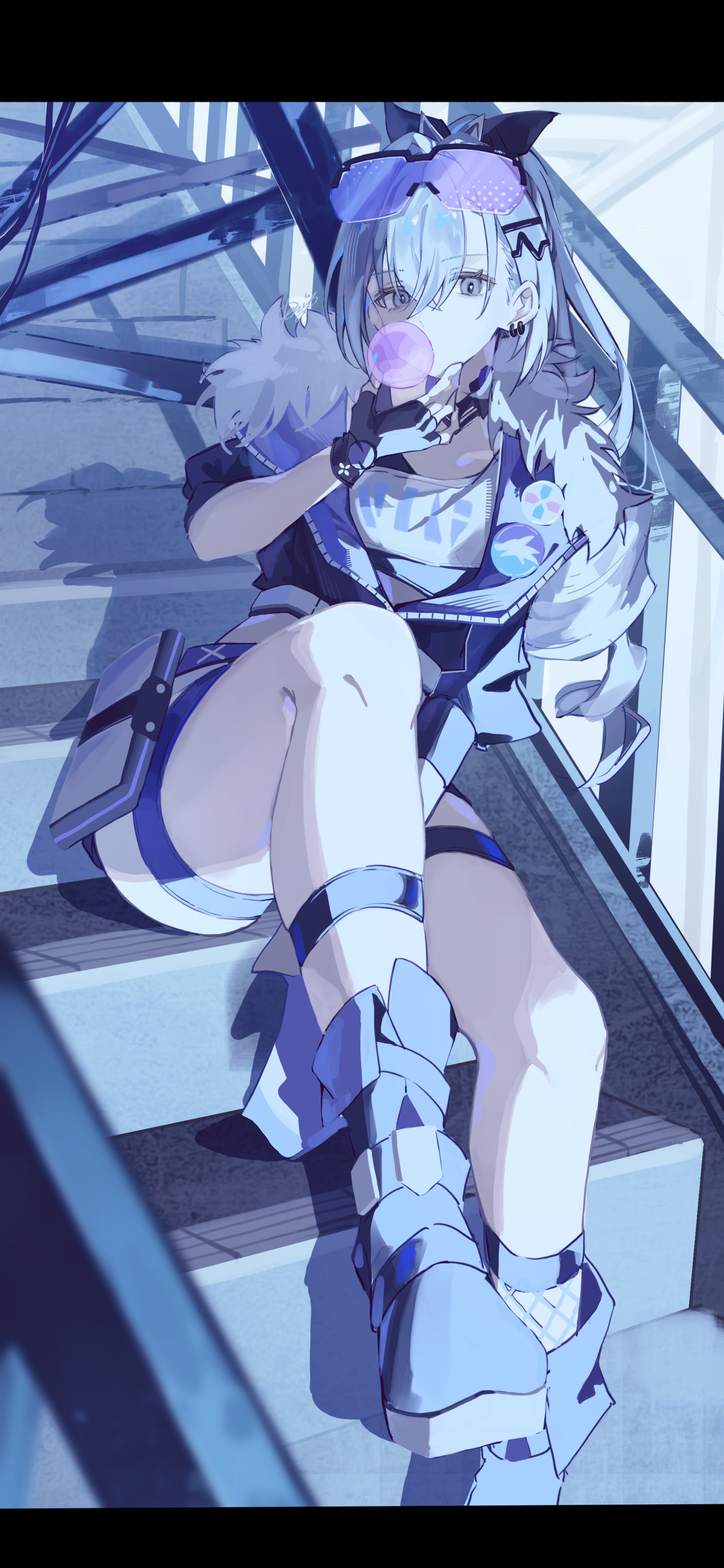 ren (renjiyu), silver wolf (honkai: star rail), honkai: star rail, honkai (series), absurdres, highres, 1girl, black gloves, black jacket, cropped jacket, drill hair, fingerless gloves, fur-trimmed jacket, fur trim, gloves, grey hair, head out of frame, jacket, long hair, shirt, shorts, sitting, sitting on stairs, solo, stairs, thigh strap, thighs, white shirt