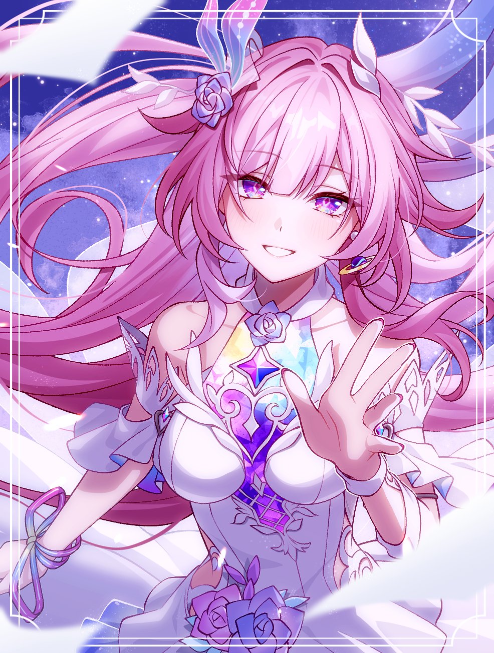 pochimaru (marumaru wanwan), cyrene (honkai: star rail), honkai: star rail, honkai (series), highres, 1girl, bare shoulders, breasts, cyrene (ripples of past reverie) (honkai: star rail), dress, earrings, floating hair, flower, hair flower, hair ornament, hand up, jewelry, long hair, pink hair, purple eyes, short sleeves, smile, solo, symbol-shaped pupils, upper body, very long hair, white dress