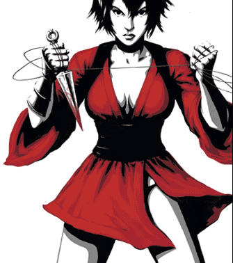 kurenai (red ninja: end of honor), red ninja: end of honor, lowres, 1girl, breasts, brown hair, choker, female focus, japanese clothes, kimono, kunai, large breasts, limited palette, no bra, obi, panties, reverse grip, sash, short hair, short kimono, simple background, solo, underwear, weapon, white background