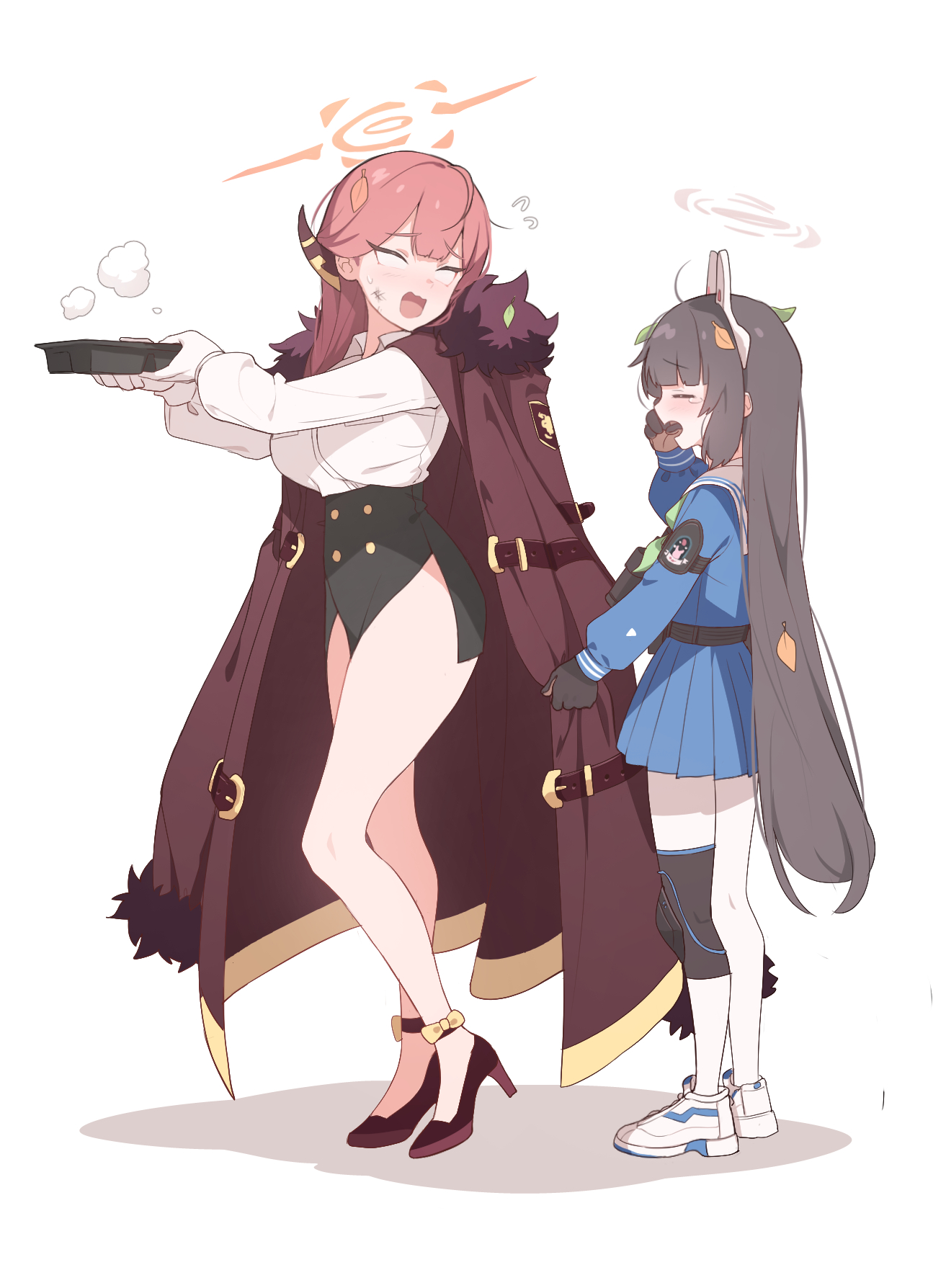 parack, aru (blue archive), miyu (blue archive), blue archive, highres, 2girls, ahoge, animal ears, bento, black hair, black skirt, breasts, coat, demon horns, fake animal ears, food, gloves, halo, holding, holding food, horns, leaf, leaf on head, long hair, long sleeves, multiple girls, open mouth, pantyhose, pink hair, rabbit ears, red eyes, school uniform, serafuku, shirt, skirt, white gloves, white pantyhose, white shirt, yellow eyes