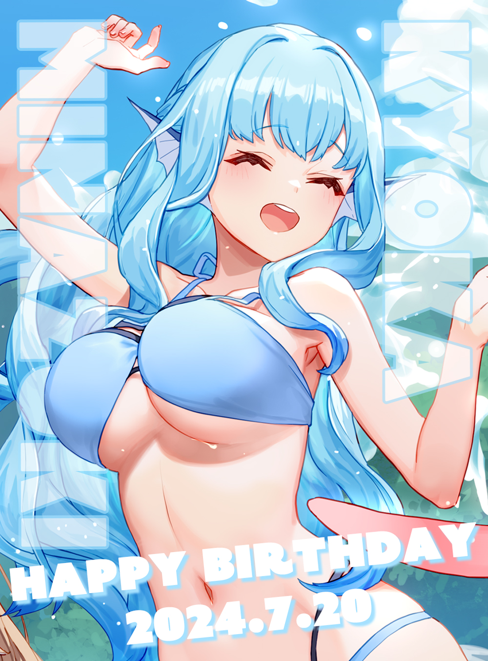 izumi sai, highres, official art, ^ ^, arm up, armpits, bare shoulders, bikini, birthday, blue bikini, blue hair, blush, bouncing breasts, breasts, character name, closed eyes, cloud, collarbone, english text, hand up, happy, happy birthday, jingai kyoshitsu no ningen girai kyoshi, large breasts, long hair, long sidelocks, minazuki kyoka, navel, open mouth, outdoors, sidelocks, skirt, smile, splashing, standing, swimsuit, teeth, underboob, upper body, upper teeth only, very long hair, wavy hair, wet