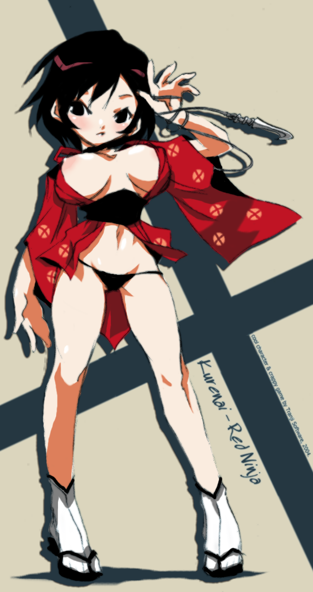 kurenai (red ninja: end of honor), red ninja: end of honor, highres, 1girl, breasts, brown hair, female focus, japanese clothes, kimono, kunai, large breasts, lowleg, lowleg panties, nipple slip, nipples, no bra, obi, open clothes, panties, sash, short hair, short kimono, simple background, solo, tabi, underwear, weapon