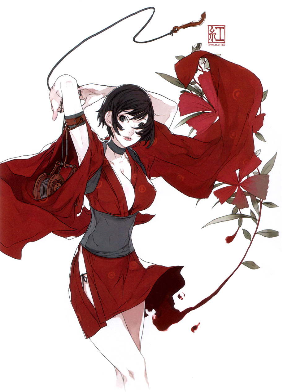 d.k, kurenai (red ninja: end of honor), red ninja: end of honor, highres, 1girl, breasts, brown hair, choker, cowboy shot, female focus, japanese clothes, kimono, kunai, large breasts, looking at viewer, no bra, obi, panties, sash, short hair, short kimono, side-tie panties, simple background, solo, underwear, weapon, white background