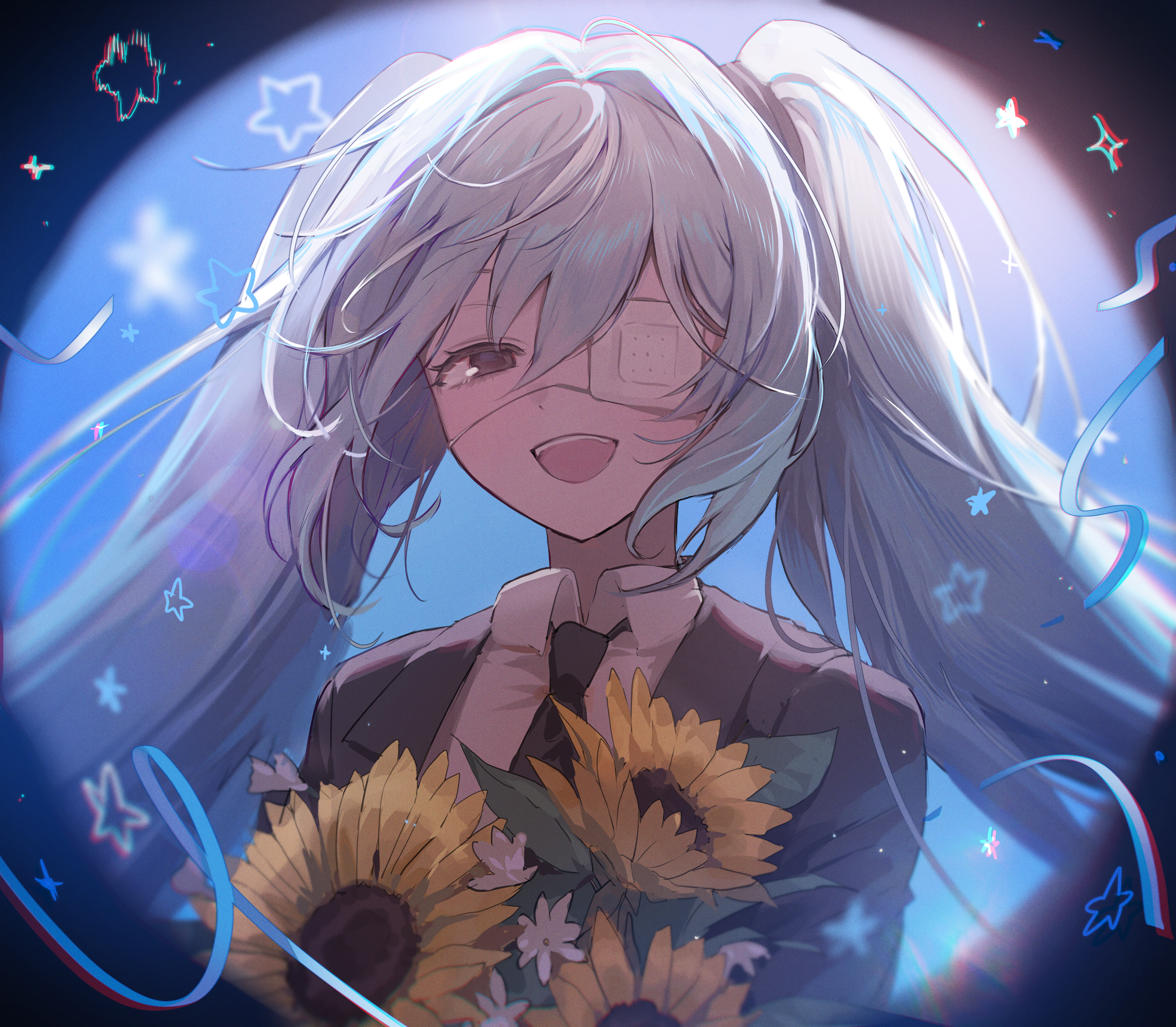 nannaspad, hatsune miku, monitoring (vocaloid), vocaloid, absurdres, highres, 1girl, aqua hair, black jacket, black necktie, collared shirt, eyepatch, flower, grey eyes, hair between eyes, jacket, long hair, looking at viewer, necktie, open mouth, shirt, smile, solo, sunflower, twintails, very long hair, white shirt