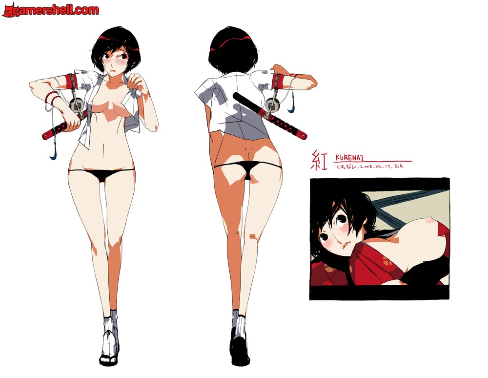 d.k, kurenai (red ninja: end of honor), red ninja: end of honor, 1girl, blush, breasts, brown hair, butt crack, dimples of venus, japanese clothes, kimono, kodachi, kunai, large breasts, lowleg, lowleg panties, nipples, no bra, obi, open clothes, open shirt, panties, sash, shirt, short hair, short kimono, short sword, sword, tabi, underwear, watermark, weapon