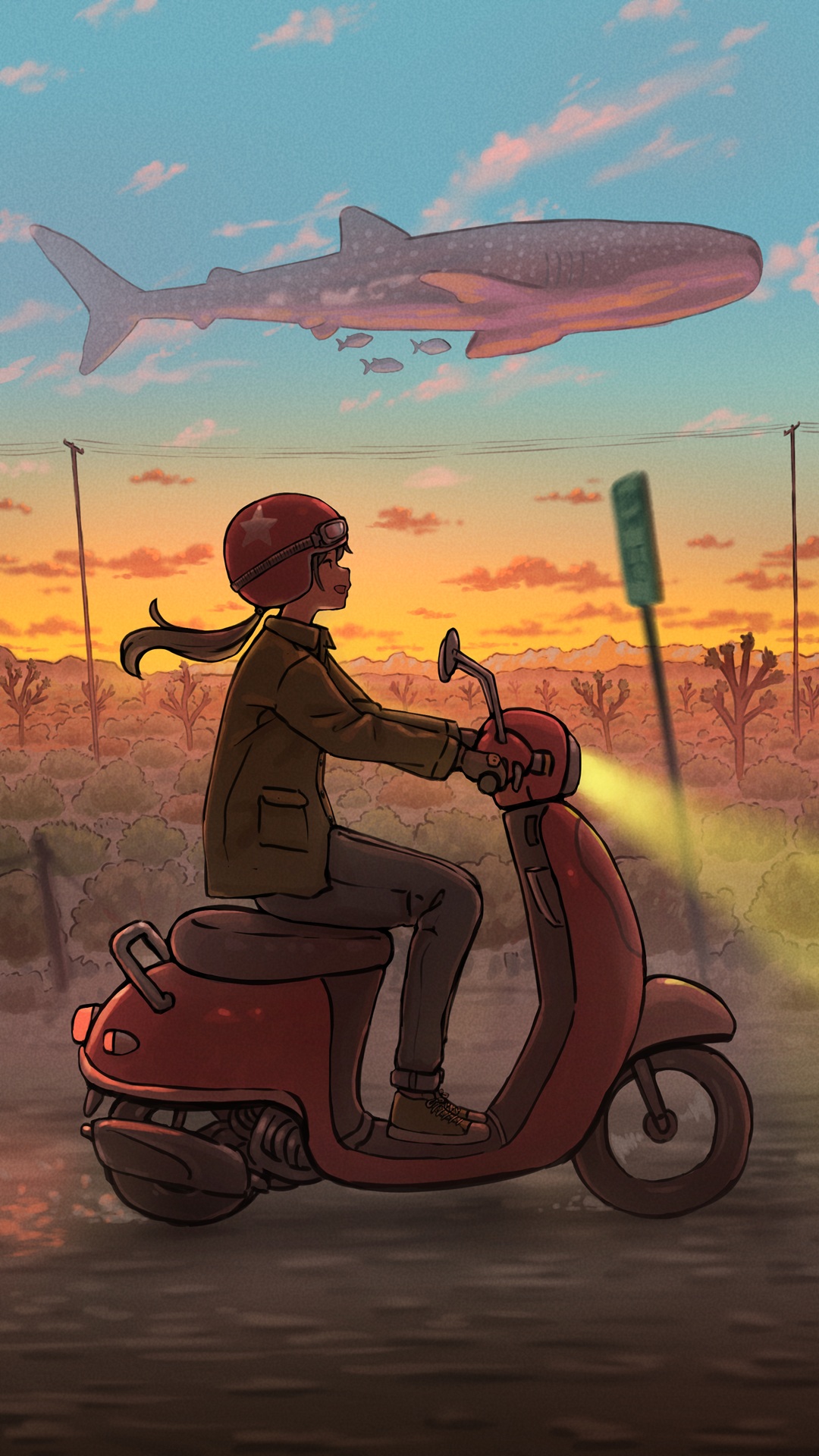 pasoputi, original, highres, 1girl, black hair, blue sky, brown jacket, desert, evening, fantasy, gloves, gradient sky, grass, grey gloves, grey pants, jacket, landscape, long hair, long sleeves, moped, motor vehicle, mountainous horizon, open mouth, orange sky, outdoors, pants, ponytail, power lines, road, road sign, scenery, sidelocks, sign, sky, smile, twilight, whale