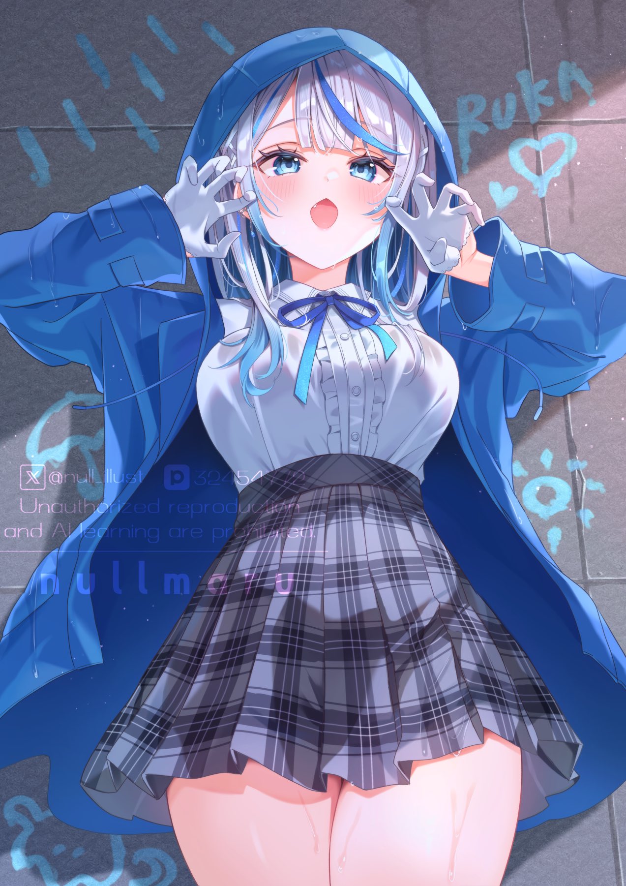 null maru, amagai ruka, hololive, weather planet, highres, 1girl, blue eyes, blue hair, blue jacket, blue ribbon, blush, breasts, claw pose, fang, gloves, graffiti, grey skirt, hood, hood up, jacket, long sleeves, looking at viewer, multicolored hair, neck ribbon, open clothes, open jacket, open mouth, plaid clothes, plaid skirt, pleated skirt, ribbon, shirt, skirt, solo, streaked hair, virtual youtuber, watermark, white gloves, white hair, white shirt