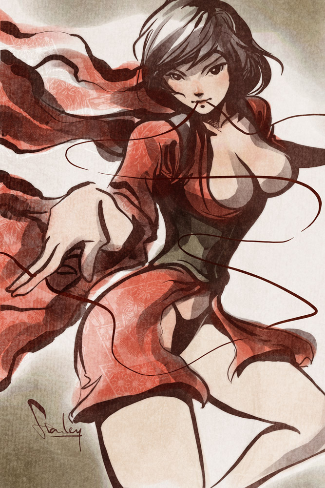stanley lau, kurenai (red ninja), black hair, breasts, brown hair, cleavage, japanese clothes, kimono, open clothes, panties, red ninja, short hair, underwear