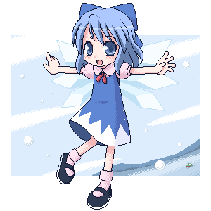 cirno, embodiment of scarlet devil, touhou, lowres, 1girl, black shoes, blouse, bow, chibi, female focus, frog, full body, oekaki, outside border, pink shirt, pink socks, shirt, shoes, socks, solo, standing, standing on one leg