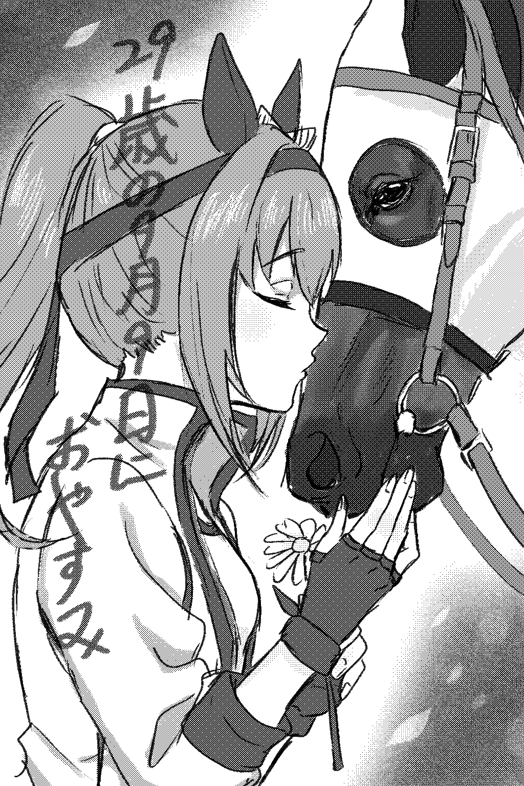haru urara (racehorse), haru urara (umamusume), real life, umamusume, highres, 1girl, animal ears, bow, closed eyes, creature and personification, ear covers, fingerless gloves, flower, gloves, greyscale, hairband, headband, holding, holding flower, horse, horse ears, horse girl, horse tail, jacket, kiss, long hair, monochrome, personification, ponytail, reins, shirt, sparrow ame, tail, upper body