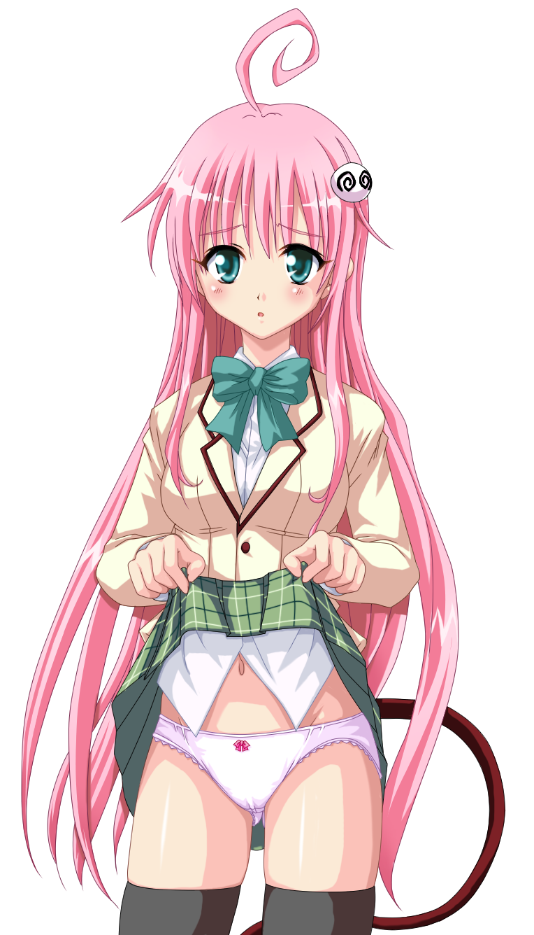 lala satalin deviluke, peke (to love-ru), to love-ru, highres, 00s, 1girl, ahoge, clothes lift, female focus, green eyes, hair ornament, long hair, panties, pink hair, skirt, skirt lift, solo, tail, thighhighs, transparent background, underwear, upskirt