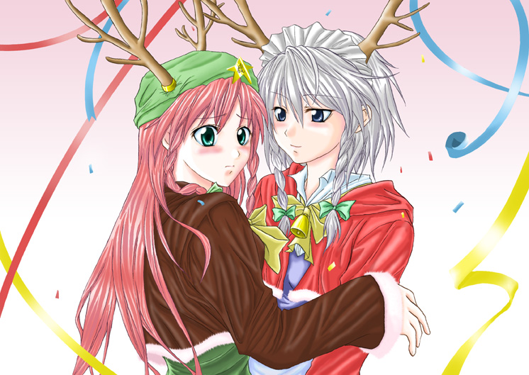 asou shin, hong meiling, izayoi sakuya, embodiment of scarlet devil, touhou, 2girls, antlers, bell, blush, bow, braid, christmas, collar, female focus, gradient background, hat, horns, multiple girls, neck bell, upper body, white background, yuri