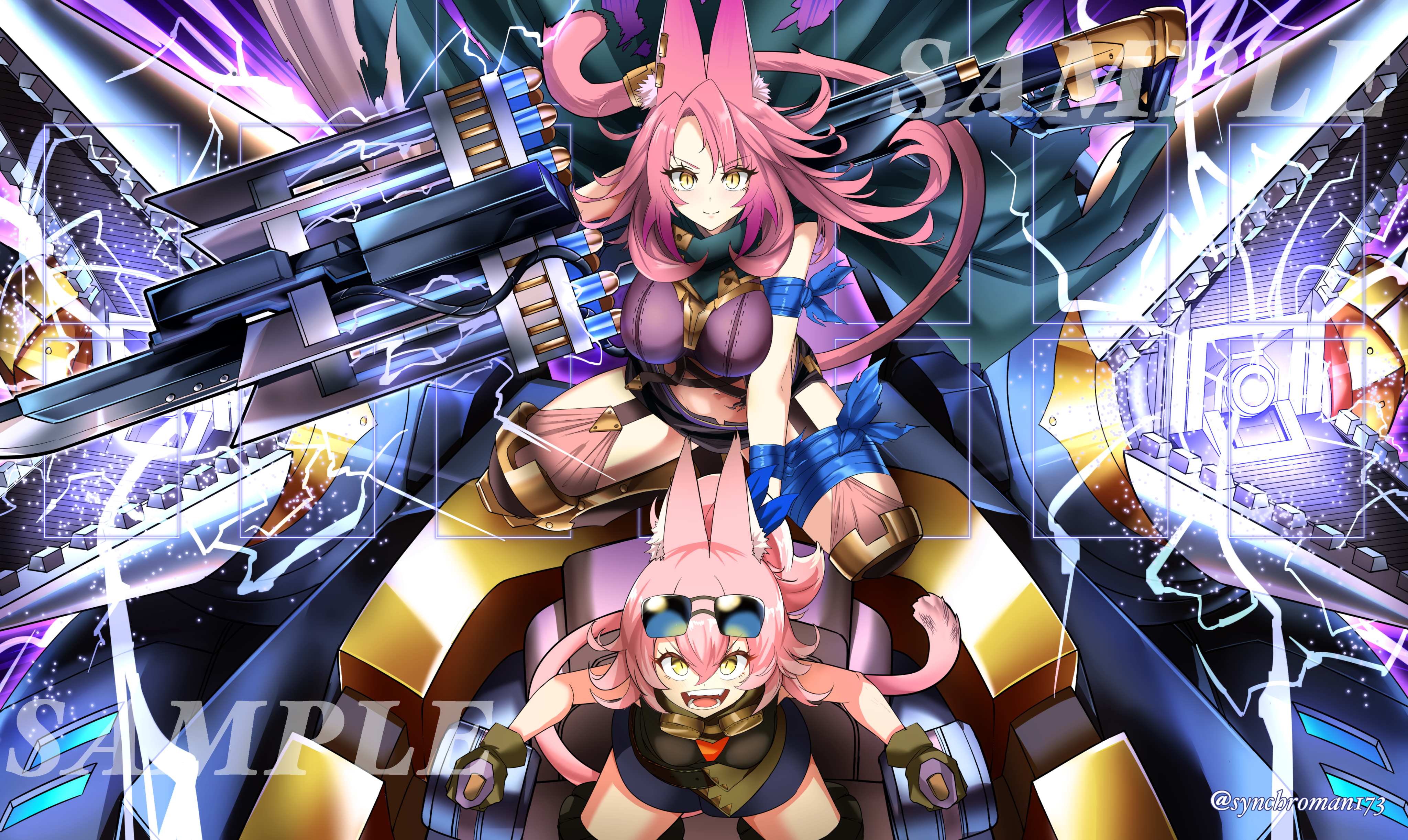 synchroman, kitt (yu-gi-oh!), rindbrumm the striking dragon, springans kitt, tri-brigade ferrijit the barren blossom, yu-gi-oh!, absurdres, highres, 2girls, animal ear fluff, animal ears, blue ribbon, breasts, cat girl, cat tail, closed mouth, duel monster, eyewear on head, hair between eyes, holding, large breasts, leg ribbon, long hair, looking at viewer, mechanical arms, medium breasts, multiple girls, navel, open mouth, pink hair, ribbon, sample watermark, siblings, sisters, stomach, tail, thigh ribbon, tri-brigade arms mouser, watermark, yellow eyes