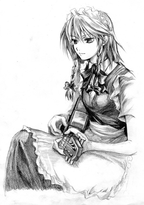 asou shin, izayoi sakuya, touhou, 1girl, acoustic guitar, female focus, greyscale, guitar, instrument, maid, monochrome, sketch, solo