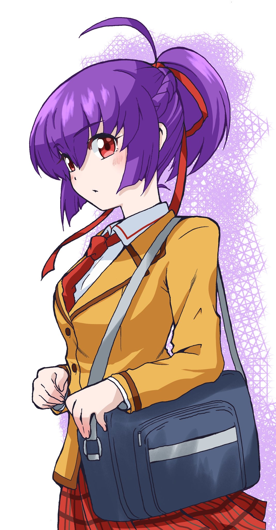emapippi, rokudou hijiri, jikkyou powerful pro yakyuu, highres, 1girl, ahoge, bag, blazer, braid, brown jacket, hair ribbon, half up half down braid, high ponytail, jacket, necktie, ponytail, purple hair, red eyes, red necktie, red ribbon, red skirt, ribbon, school bag, school uniform, shirt, shoulder bag, skirt, solo, white shirt