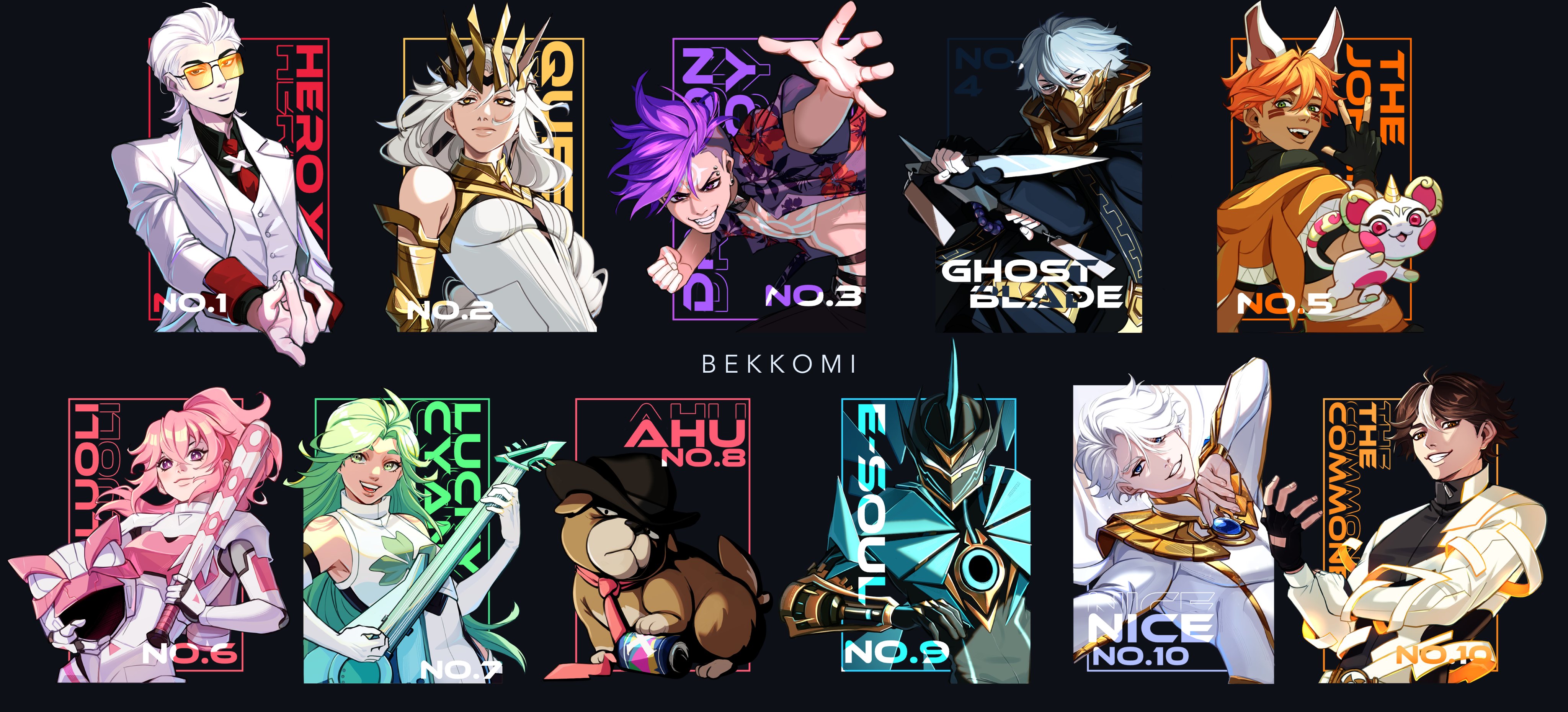 bekkomi, ahu (to be hero x), dragon boy (to be hero x), e-soul (to be hero x), ghostblade (to be hero x), lin ling (to be hero x), loli (to be hero x), lucky cyan (to be hero x), nice (to be hero x), queen (to be hero x), x (to be hero x), to be hero, to be hero x, absurdres, highres, 3girls, 6+boys, animal ears, aqua hair, armor, baseball bat, big johnny (to be hero x), blue armor, blue eyes, braid, braided ponytail, brown eyes, brown hair, camisole, can, dog, drink can, electric guitar, face print, fedora, formal clothes, four-leaf clover print, full-body tattoo, gold tiara, gold trim, green eyes, guitar, hair slicked back, hat, hawaiian shirt, helmet, instrument, little johnny (to be hero x), marking on cheek, mask, mechanical arms, mohawk, mouth mask, mullet, multiple boys, multiple girls, multiple knives, music, necktie, orange hair, pink armor, pink hair, playing instrument, power armor, punching, purple hair, red necktie, shirt, single hair streak, single mechanical arm, smug, snapping fingers, soda can, suit, tattoo, tinted eyewear, vest, white armor, white camisole, white hair, white suit, white vest, x ornament, yellow-tinted eyewear