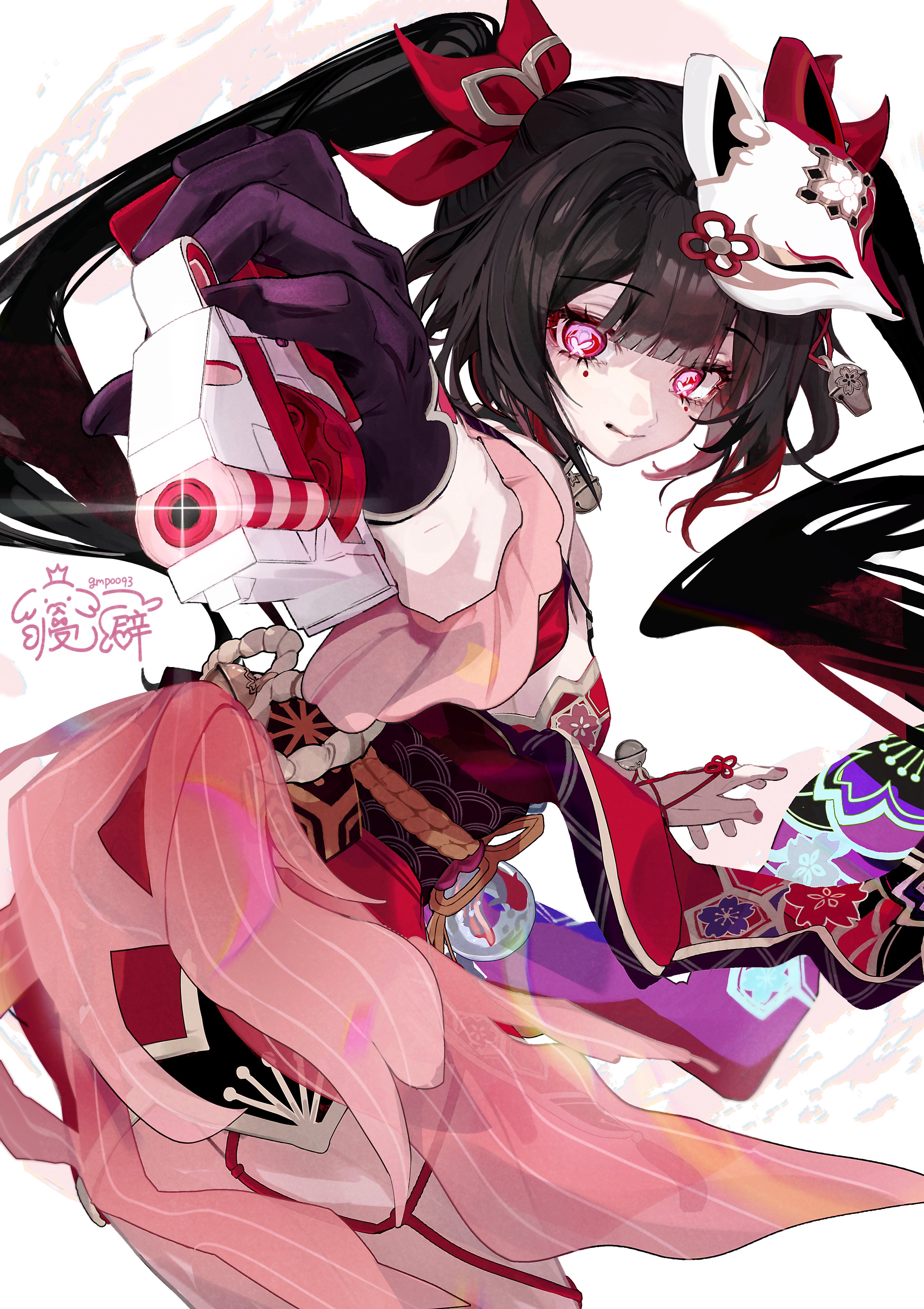 gmpoo93, sparkle (honkai: star rail), honkai: star rail, honkai (series), absurdres, highres, 1girl, aiming, aiming at viewer, bell, black gloves, black hair, dress, fox mask, gloves, gun, holding, holding gun, holding weapon, long hair, looking at viewer, mask, mask on head, neck bell, obi, pink eyes, red eyes, red nails, sash, smile, solo, sparkle, symbol-shaped pupils, twintails, very long hair, weapon, white background