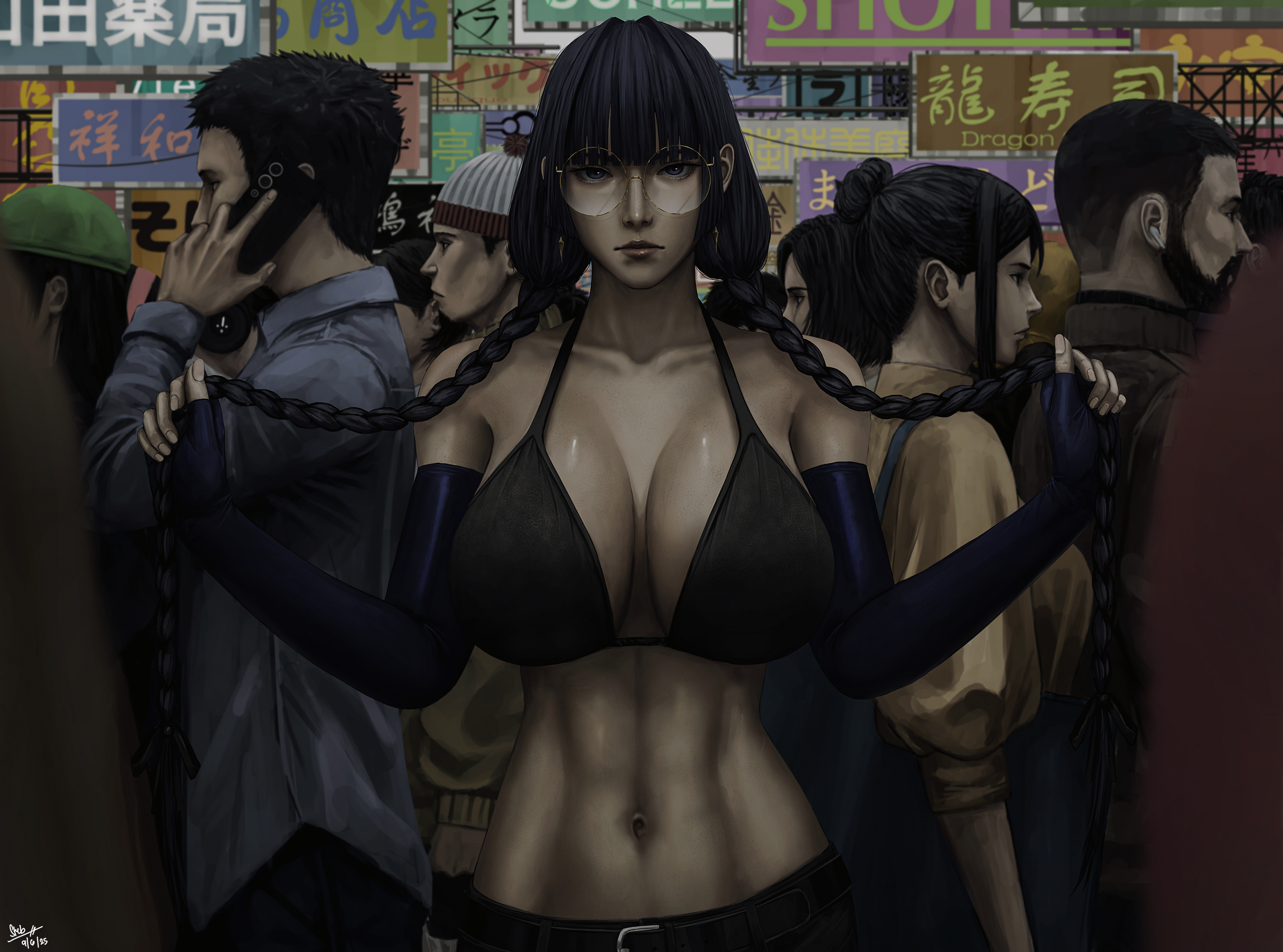 steb, ouro kronii, hololive, hololive english, highres, 1girl, 6+others, abs, alternate costume, bikini, black bikini, black hair, black sleeves, braid, breasts, closed mouth, expressionless, glasses, large breasts, long hair, low twin braids, multiple others, navel, round eyewear, solo focus, swimsuit, toned, toned female, twin braids, virtual youtuber