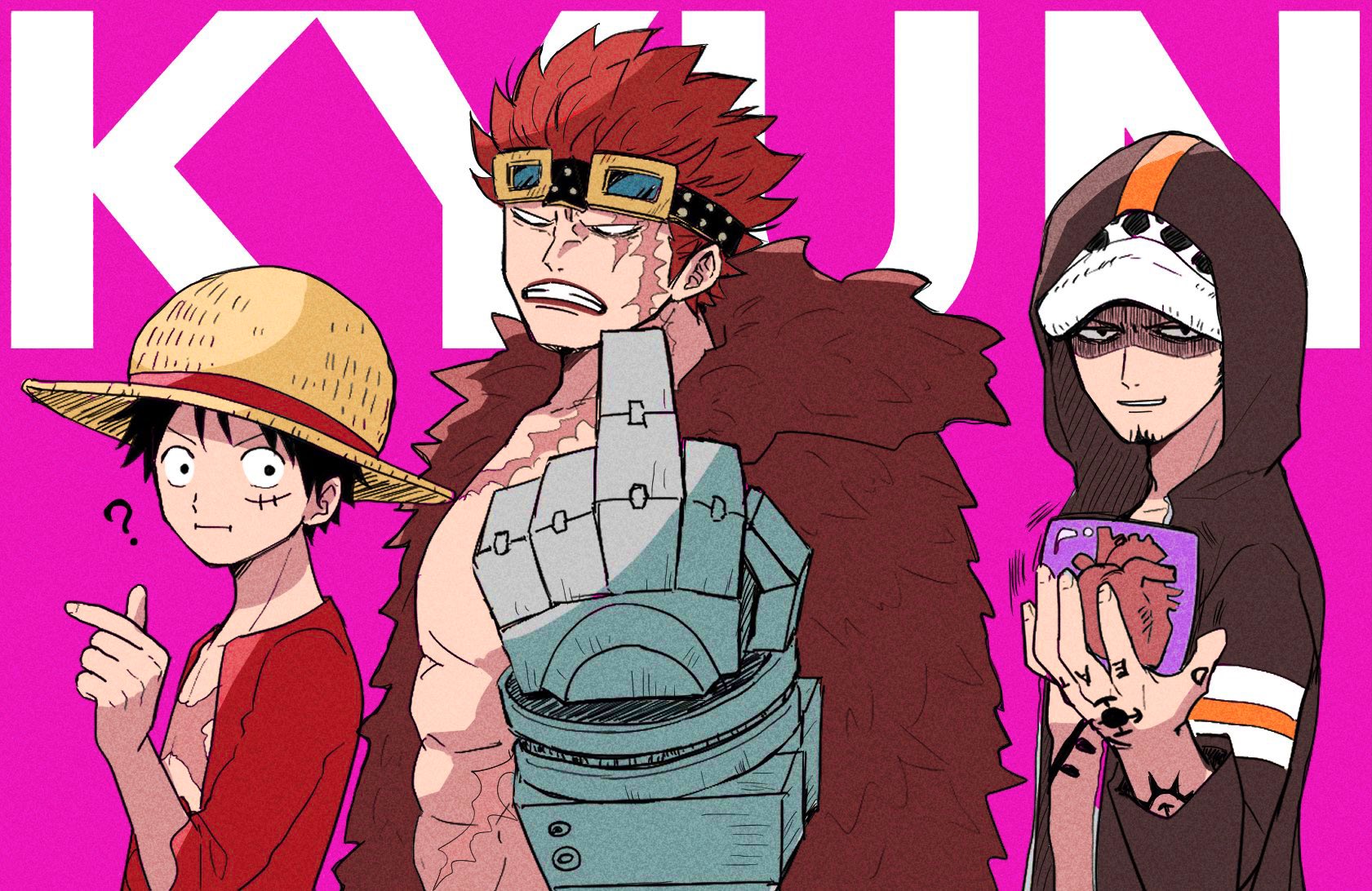 eustass kid, monkey d. luffy, trafalgar law, one piece, commentary request, highres, 3boys, ?, black hair, chest tattoo, clenched teeth, facial hair, goatee, hand tattoo, hat, heart, heart hands, holding, hood, hooded coat, male focus, mechanical arms, middle finger, multiple boys, pink background, profile, red hair, red shirt, scar, scar on chest, scar on face, shirt, short hair, single mechanical arm, straw hat, tattoo, teeth, uo gyo