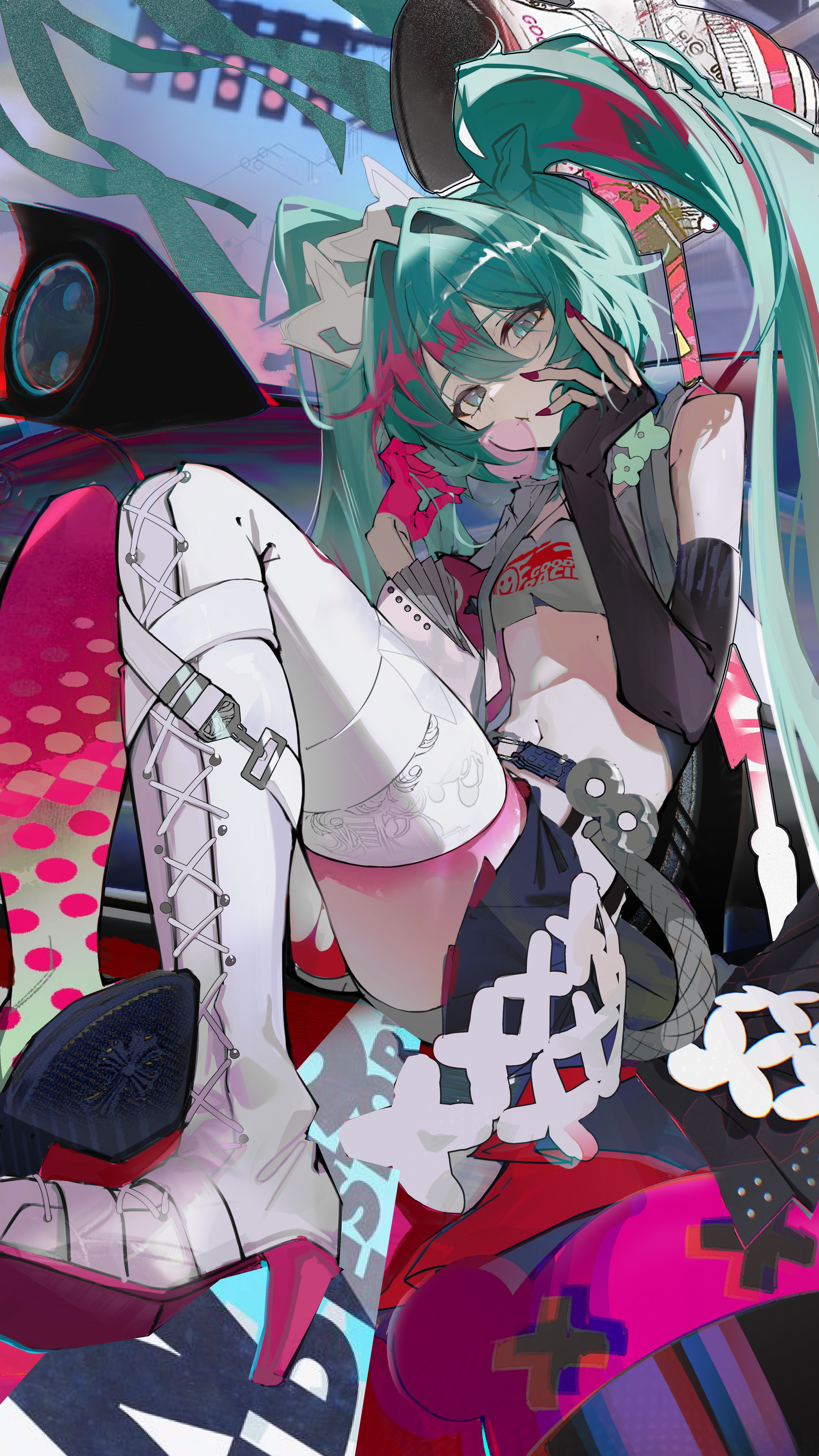 chiyo akira, hatsune miku, vocaloid, absurdres, highres, 1girl, aqua eyes, aqua hair, asymmetrical footwear, asymmetrical gloves, asymmetrical legwear, belt, black gloves, black skirt, blowing bubbles, boots, car, chewing gum, elbow gloves, fingerless gloves, gloves, hair between eyes, knees up, lace-up boots, long hair, looking at viewer, midriff, motor vehicle, navel, single thigh boot, sitting, skirt, solo, thigh boots, thighhighs, twintails, very long hair