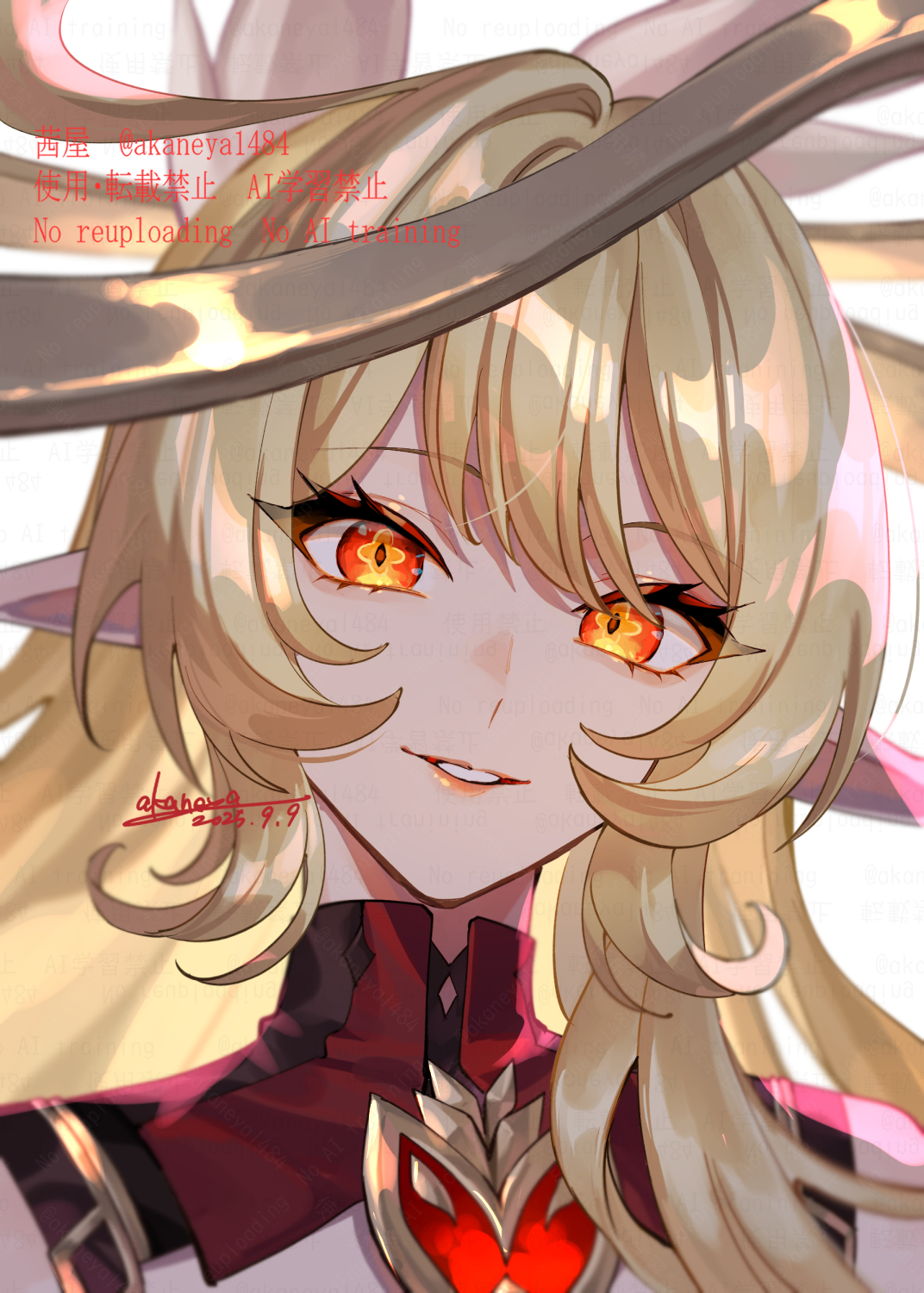 ojo aa, alice (genshin impact), genshin impact, commentary request, highres, 1girl, artist name, blonde hair, cowlick, dated, detached collar, eyelashes, gold trim, hair between eyes, halo, long hair, looking at viewer, parted lips, pointy ears, red eyes, sidelocks, signature, simple background, smile, solo, twitter username, upper body, watermark, white background