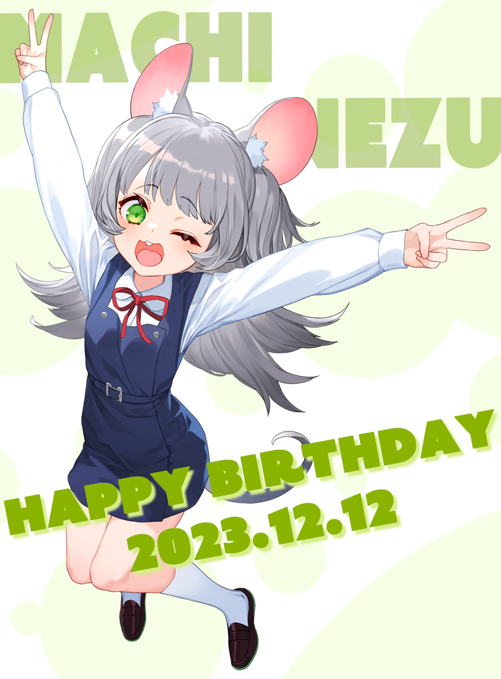 izumi sai, highres, official art, 1girl, ;d, animal ears, arms up, belt, blue belt, blush, breasts, brown shoes, character name, collared shirt, double v, english text, flipped hair, from above, full body, green eyes, grey hair, happy birthday, jingai kyoshitsu no ningen girai kyoshi, loafers, long hair, long sleeves, looking at viewer, mouse ears, mouse girl, mouse tail, nezu machi, one eye closed, open mouth, outstretched arms, pigeon-toed, polka dot, polka dot background, red ribbon, ribbon, shirt, shoes, small breasts, smile, socks, solo, standing, tail, v, white shirt, white socks
