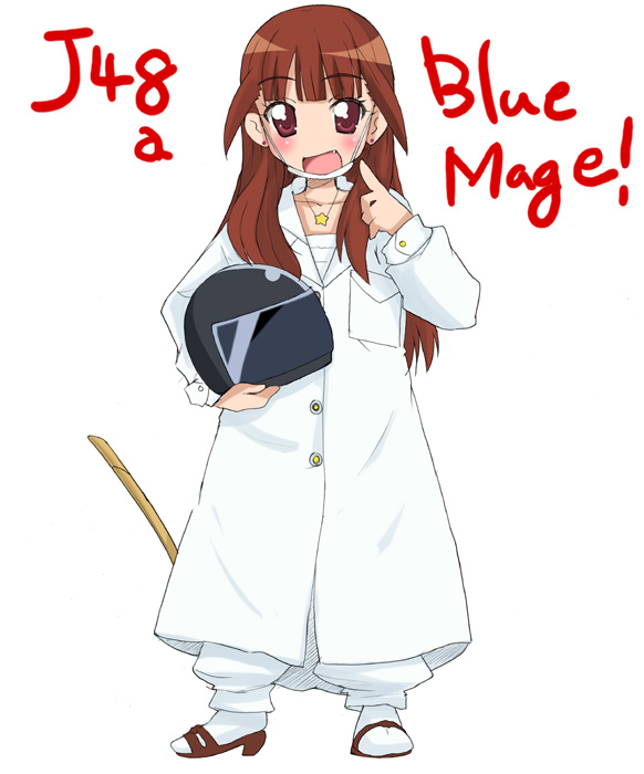 aoi manabu, gotou yuuko, gotouza, gottouza, lucky star, 00s, 1girl, blush, bokken, bousouzoku, brown eyes, brown hair, buttons, coat, delinquent, dress, english text, fang, female focus, finger to mouth, helmet, holding, long hair, long sleeves, looking at viewer, sandals, sarashi, simple background, socks, solo, standing, sweatdrop, sword, tokkoufuku, unworn headwear, unworn helmet, weapon, white background, white dress, white socks, wooden sword