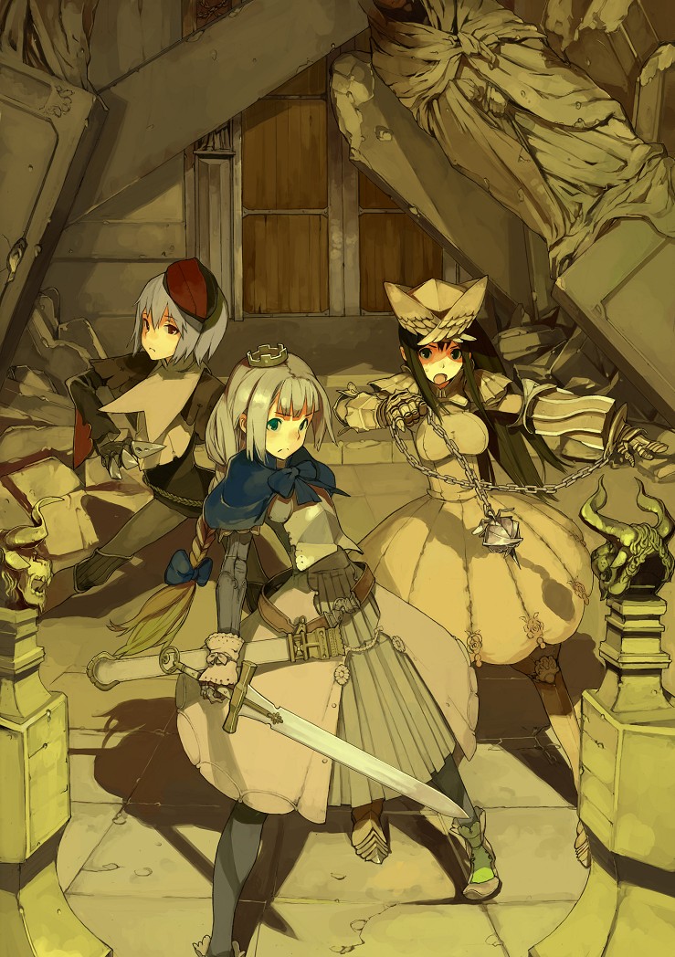 fakepucco, lord of trash, original, 1boy, 2girls, armor, ball and chain (weapon), crossdressing, crown, fantasy, holding, holding weapon, knife, multiple girls, pantyhose, ruins, spiked ball and chain, standing, sword, weapon