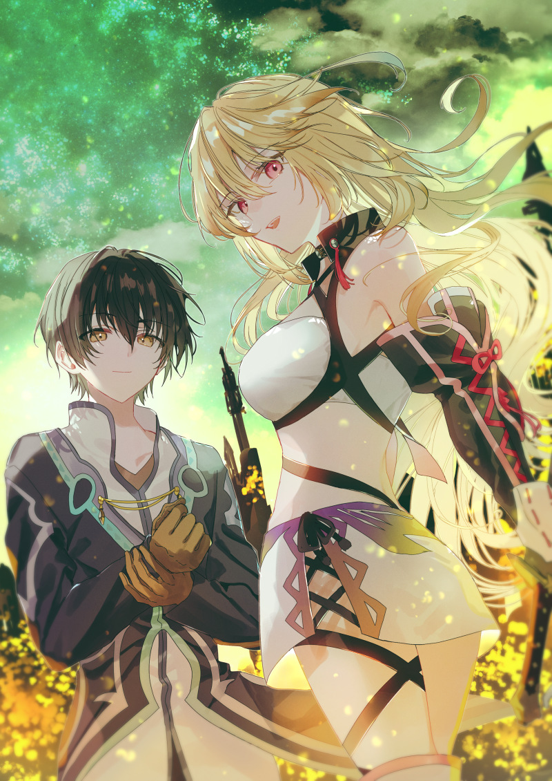 kazutake hazano, milla maxwell, original, 1boy, 1girl, bare shoulders, black hair, blonde hair, breasts, brown gloves, detached sleeves, gloves, long hair, long sleeves, looking at viewer, open mouth, outdoors, red eyes, short hair, skirt, smile, strapless, tube top, yellow eyes
