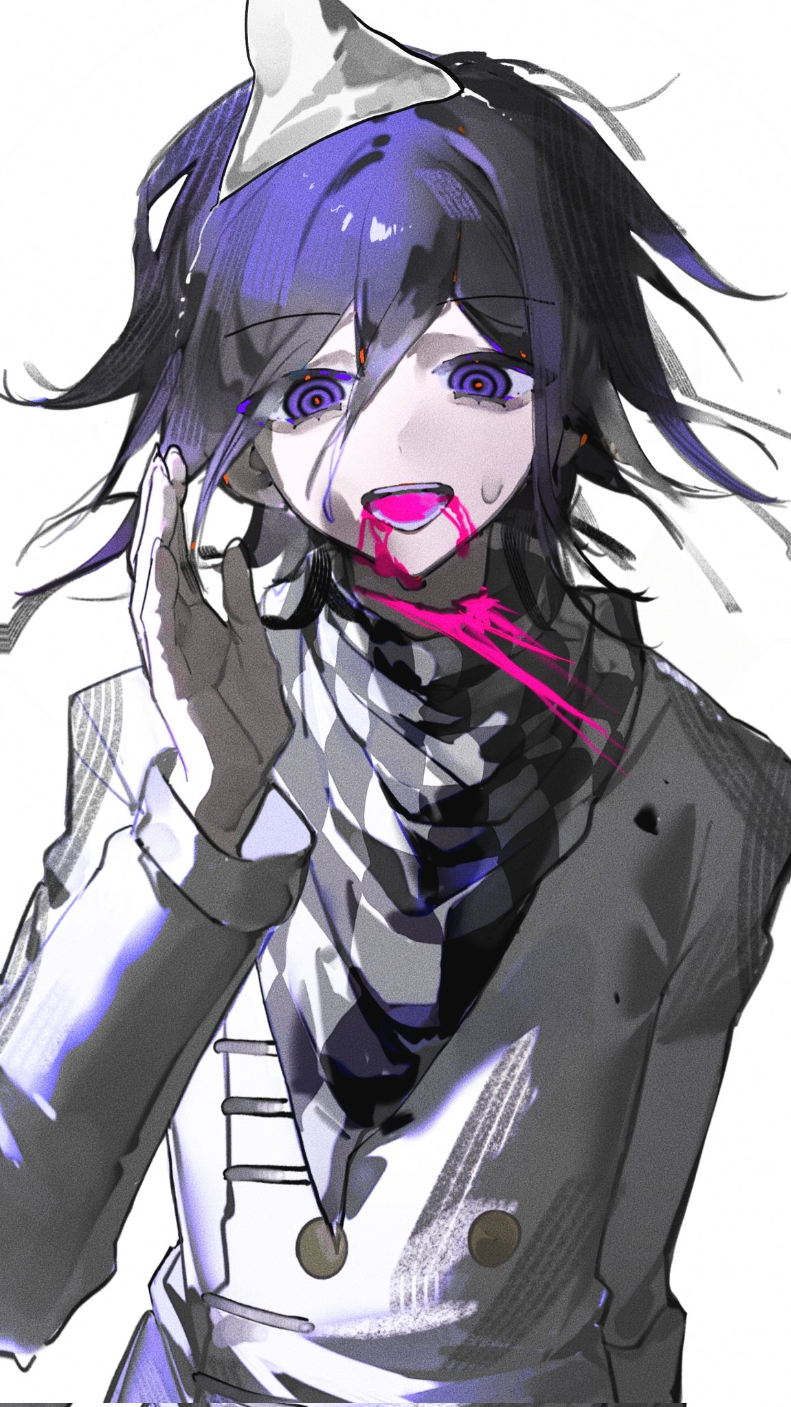 yukii masako, oma kokichi, danganronpa (series), danganronpa v3: killing harmony, commentary, highres, 1boy, black hair, bleeding, blood, blood on clothes, blood on face, buttons, checkered clothes, checkered scarf, eyelashes, flipped hair, hair between eyes, hand up, long sleeves, looking at viewer, male focus, open mouth, pale skin, pink blood, purple eyes, purple hair, ringed eyes, scarf, short hair, simple background, solo, triangular headpiece, two-tone scarf, upper body, white background