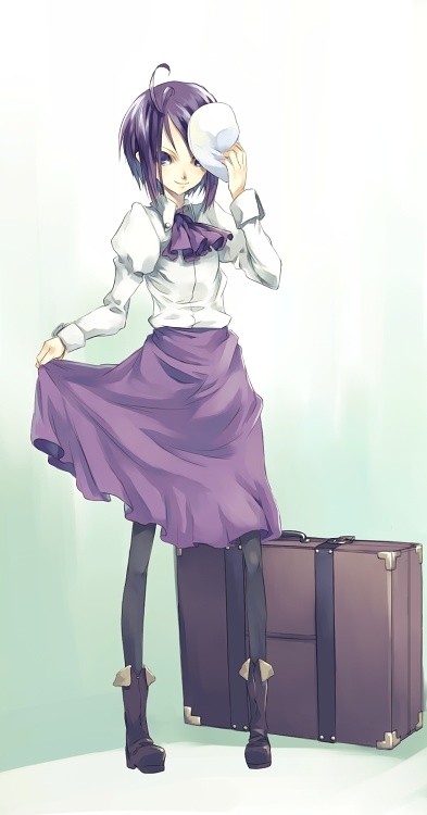 mikage sekizai, original, ahoge, black hair, pantyhose, school uniform, serafuku, shirt, short hair, solo, suitcase