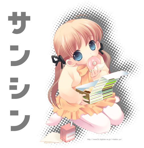 tokumi yuiko, original, 1girl, blue eyes, brown hair, donut, female focus, food, halftone, halftone background, long hair, no shoes, pantyhose, simple background, sitting, solo, twintails, watermark, web address, white background, white pantyhose