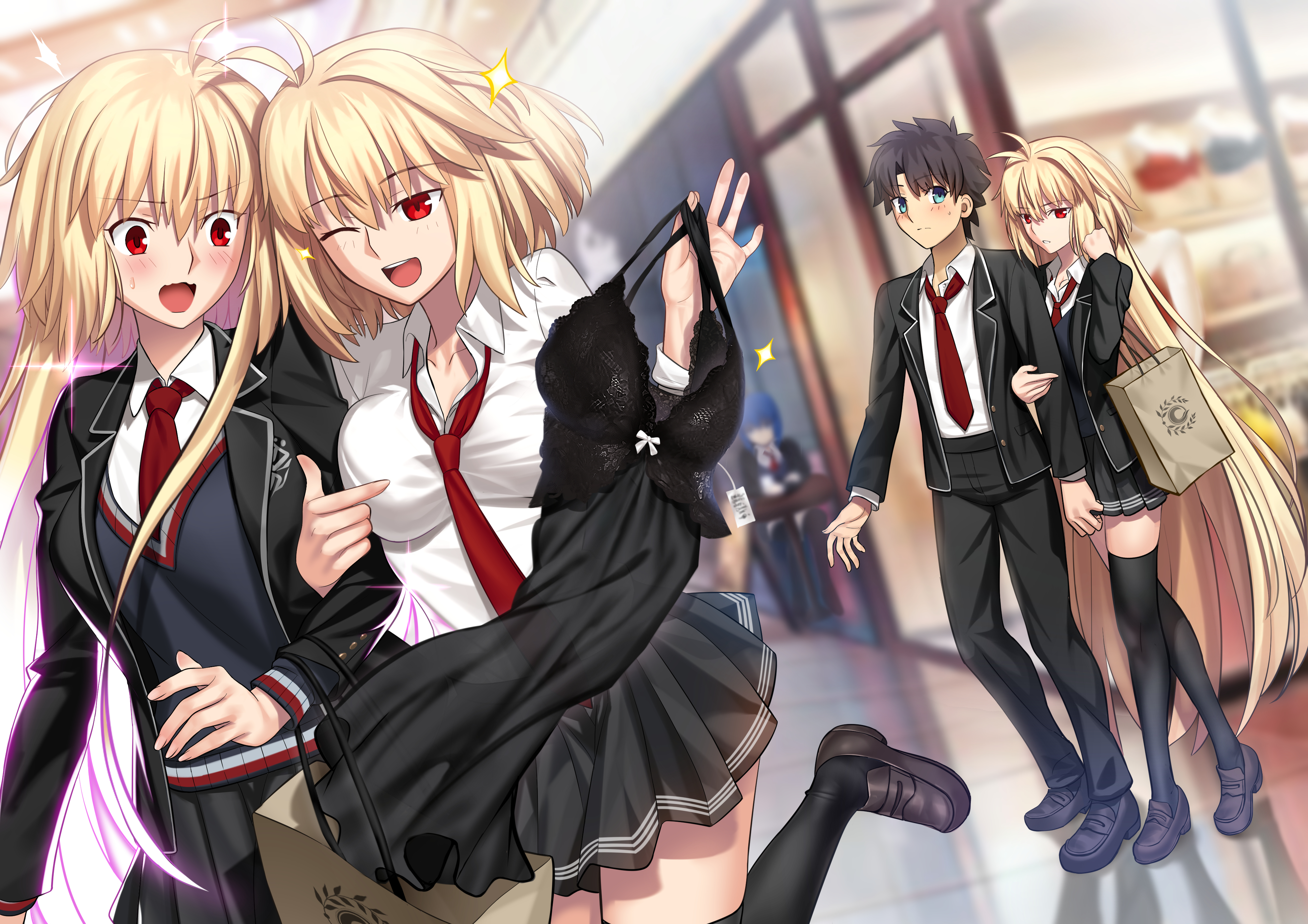besmiled, archetype earth, arcueid brunestud, fujimaru ritsuka (male), fate/grand order, fate (series), tsukihime, absurdres, commission, highres, pixiv commission, 1boy, 3girls, black bra, black hair, black jacket, black skirt, black sweater, black thighhighs, blonde hair, blush, bra, breasts, collared shirt, jacket, large breasts, long hair, long sleeves, looking at viewer, multiple girls, multiple persona, necktie, one eye closed, open mouth, pseudo-tokyo school uniform, red eyes, school uniform, shirt, short hair, skirt, smile, sweater, thighhighs, underwear, unworn bra, very long hair, white shirt