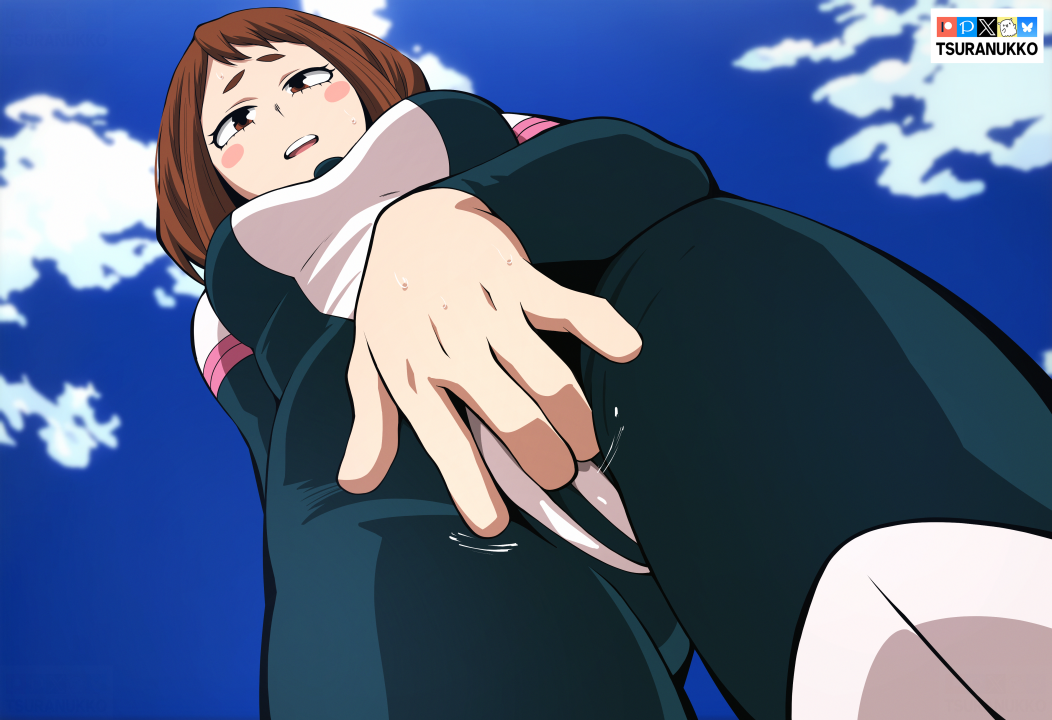 tsuranukko, uraraka ochako, boku no hero academia, 1girl, artist name, blue bodysuit, blue sky, bluesky logo, bodysuit, breasts, brown eyes, brown hair, day, fanbox logo, female masturbation, from below, gluteal fold, masturbation, masturbation through clothes, medium breasts, medium hair, multicolored bodysuit, open mouth, outdoors, patreon logo, pixiv logo, sky, solo, superhero costume, twitter x logo, white bodysuit