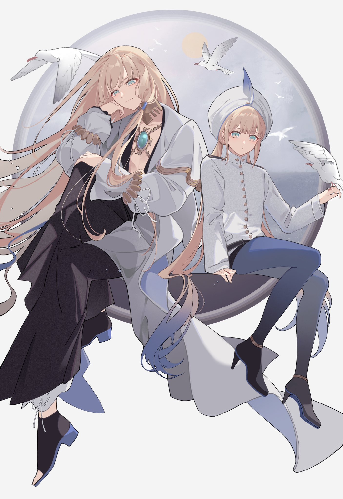 dullnoko, captain nemo (fate), captain nemo (first ascension) (fate), nemo (fate), noah (fate), fate/grand order, fate (series), highres, 2boys, androgynous, bird, bird on hand, blonde hair, blue hair, blue pantyhose, gold choker, gradient hair, green eyes, hair tubes, hat feather, jacket, jewelry, long hair, long sleeves, low-tied sidelocks, male focus, military uniform, multicolored hair, multiple boys, naval uniform, necklace, pants, pantyhose, robe, seagull, shoes, shorts, sidelocks, sitting, turban, twintails, white bird, white jacket, white robe