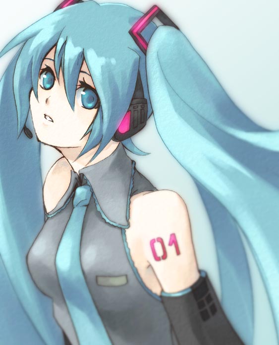 hatsune miku, vocaloid, 1girl, aqua background, aqua eyes, aqua hair, aqua necktie, blue eyes, blue hair, collared shirt, detached sleeves, female focus, grey shirt, hair between eyes, hair ornament, head tilt, headphones, long hair, looking at viewer, matching hair/eyes, microphone, necktie, shirt, simple background, solo, tattoo, twintails, upper body
