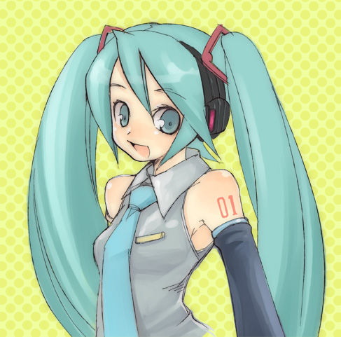 tamamura kuroe, hatsune miku, vocaloid, lowres, 1girl, aqua hair, arms at sides, female focus, green background, solo, twintails
