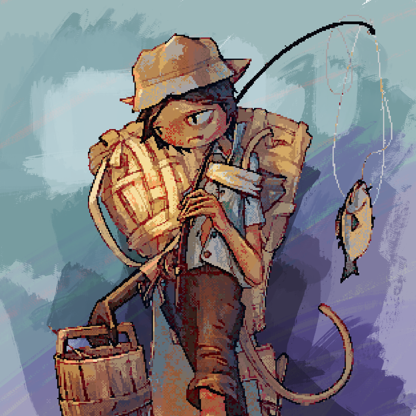 highres, non-web source, 1boy, animal ears, barrel, black hair, blue background, cat ears, cat tail, fish, fishing rod, gloves, hat, holding, holding fishing rod, retro artstyle, rubber gloves, short sleeves, shorts, simple background, solo, stick, tail, walking