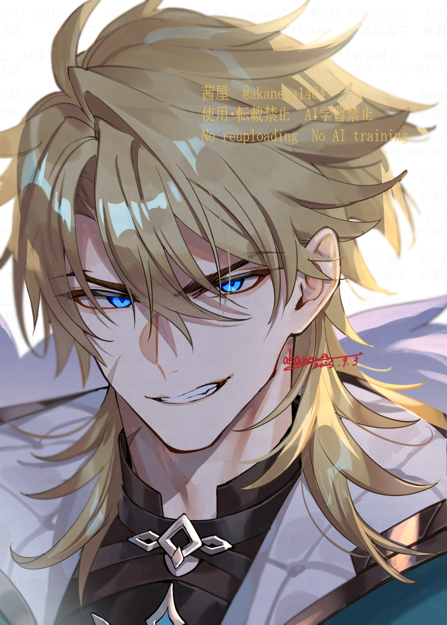 ojo aa, varka (genshin impact), genshin impact, commentary request, highres, 1boy, ahoge, artist name, black shirt, blonde hair, blue eyes, dated, facial scar, fur-trimmed jacket, fur trim, grin, hair between eyes, hair intakes, jacket, looking at viewer, male focus, open clothes, open jacket, parted bangs, scar, scar on cheek, scar on face, scar on neck, shirt, short hair, signature, simple background, smile, solo, teeth, twitter username, upper body, v-shaped eyebrows, watermark, white background