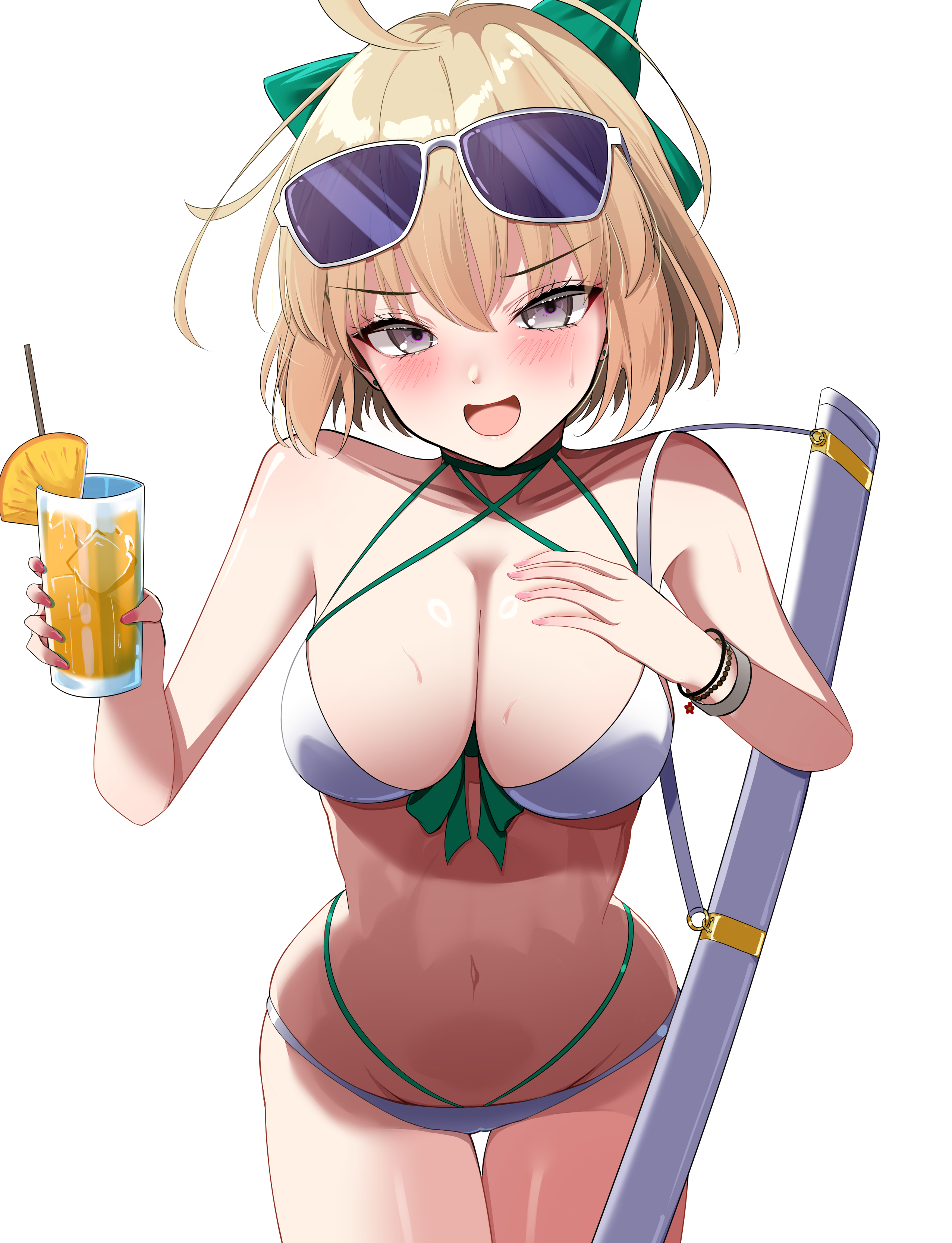 nigori (keydoor), okita j. souji (fate), okita j. souji (third ascension) (fate), okita souji (fate), fate/grand order, fate (series), absurdres, highres, 1girl, ahoge, aqua bow, bare shoulders, bikini, blonde hair, blush, bow, breasts, cleavage, cup, grey eyes, hair bow, half updo, highleg, highleg bikini, large breasts, looking at viewer, open mouth, sheath, short hair, smile, solo, sunglasses, swimsuit, thighs, white bikini