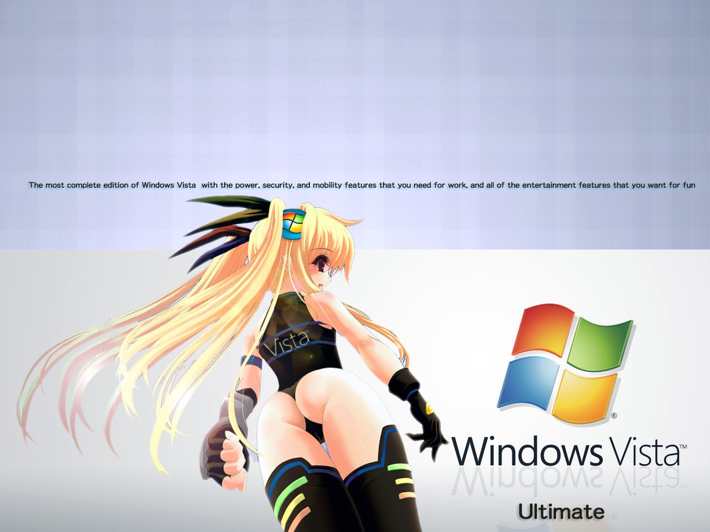 fate testarossa, vista-tan, lyrical nanoha, mahou shoujo lyrical nanoha, mahou shoujo lyrical nanoha a's, microsoft, microsoft windows, os-tan, windows vista, artist request, third-party edit, 00s, 1girl, ass, black gloves, black leotard, black ribbon, black thighhighs, blonde hair, female focus, fingerless gloves, from behind, gloves, hair ornament, hair ribbon, leotard, long hair, open mouth, red eyes, ribbon, smile, solo, standing, thighhighs, twintails