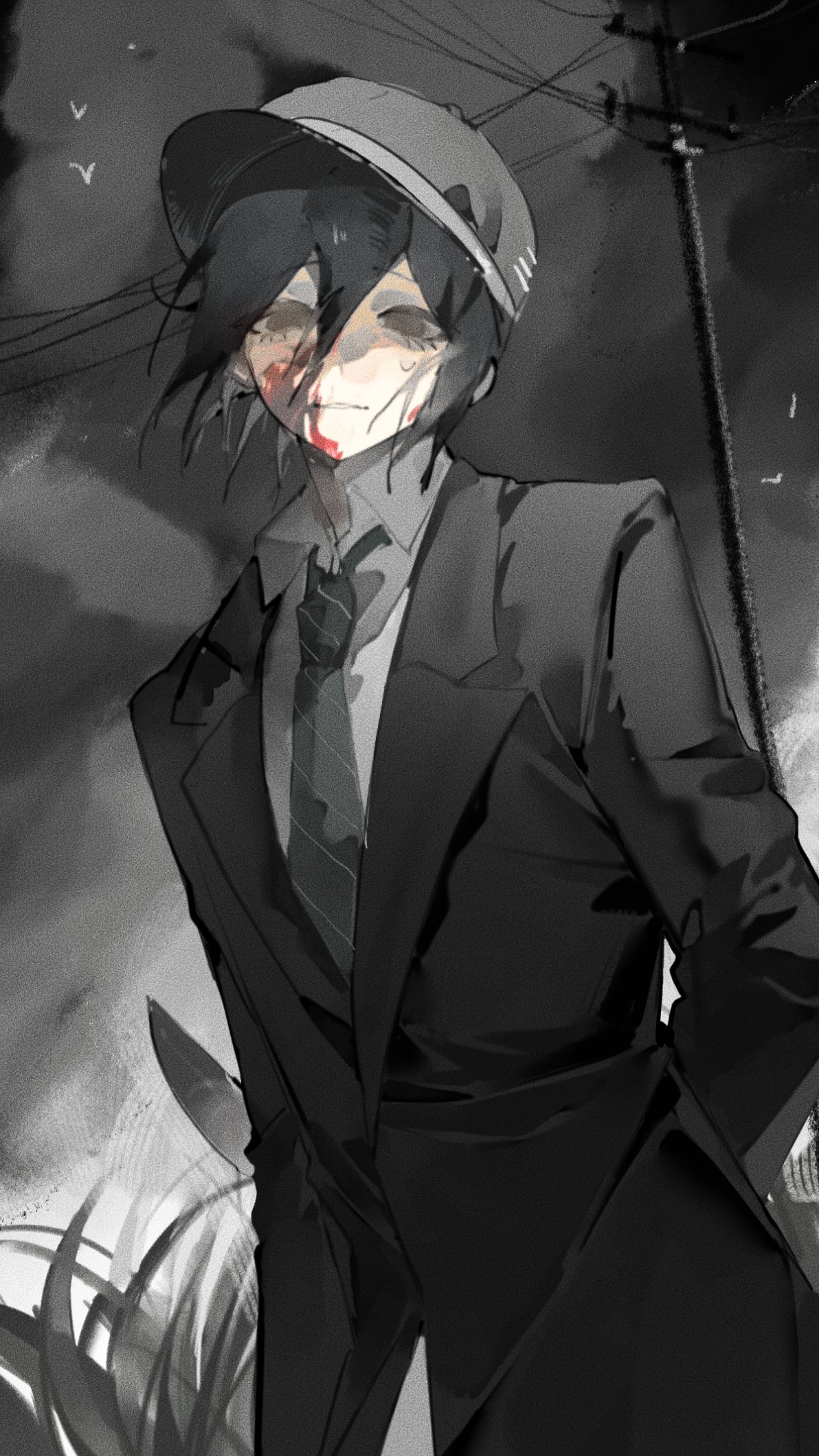 yukii masako, saihara shuichi, danganronpa (series), danganronpa v3: killing harmony, commentary, highres, symbol-only commentary, 1boy, arms behind back, bird, black hair, black hat, black jacket, blood, blood on face, brown eyes, cloud, cloudy sky, collared shirt, empty eyes, eyelashes, hair between eyes, hat, holding, holding knife, jacket, knife, long sleeves, looking at viewer, male focus, muted color, necktie, outdoors, overcast, pants, school uniform, shirt, short hair, sky, smile, solo, yandere