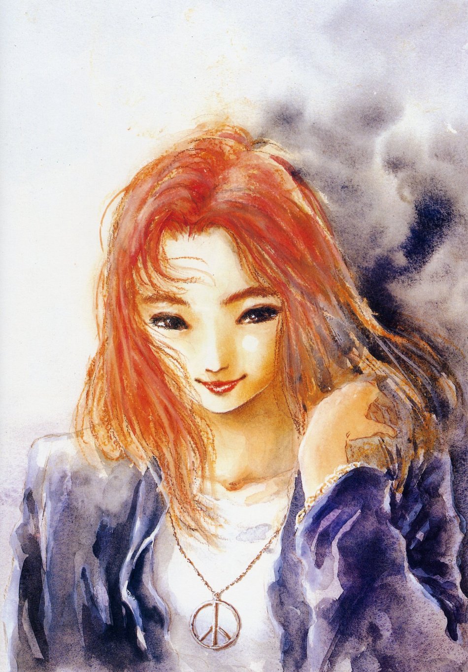 mikimoto haruhiko, christina mackenzie, gundam, gundam 0080, 1980s (style), highres, official art, 1girl, closed mouth, collarbone, female focus, green eyes, lips, long hair, long sleeves, looking at viewer, oldschool, orange hair, red hair, retro artstyle, shirt, simple background, solo, t-shirt, upper body, white background